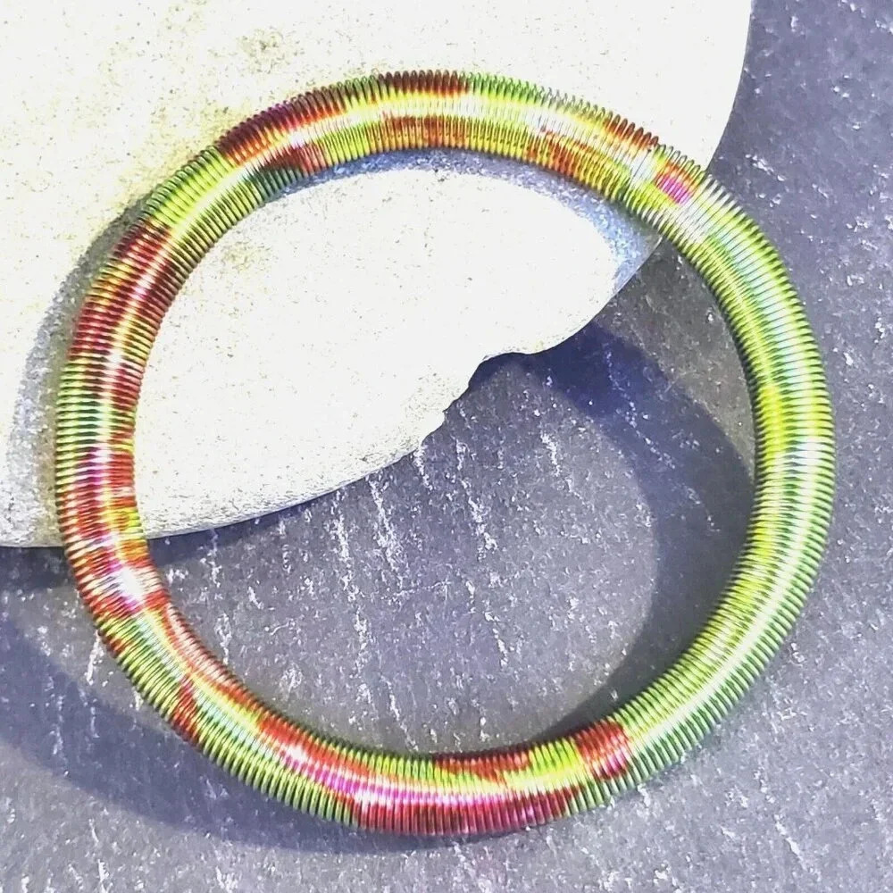 Printed Design Stretch Stainless Steel Coil Green Multicolor Bangle Bracelet #3